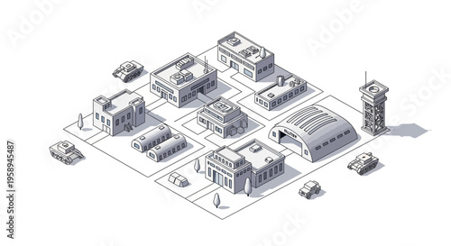 Isometric illustration of a military base with buildings, vehicles, and a tower on a white background, showcasing a strategic setup