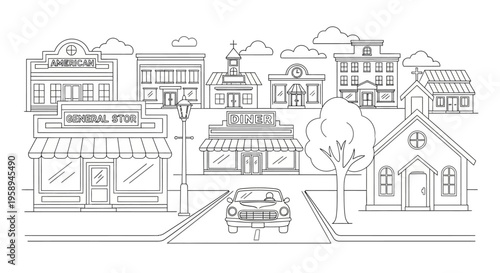 Vector illustration of a quiet neighborhood street scene with vintage small town buildings, a cozy downtown USA main street, and a suburban American town street.