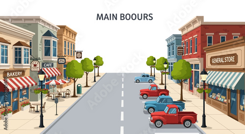 Vector illustration of a quiet neighborhood street scene with vintage small town buildings, cars parked along the road, and trees lining the sidewalk on a suburban main street in a cozy