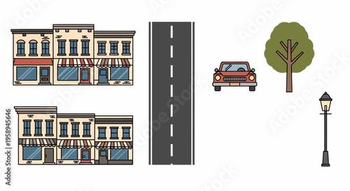 Vector illustration of a quiet neighborhood street scene with vintage small town buildings, a suburban main street, and a cozy downtown USA setting featuring a road, car, tree, and street