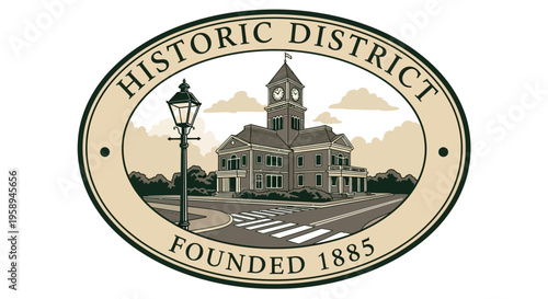 Vector illustration of a vintage small town street scene with a historic district sign featuring a suburban main street, quiet neighborhood buildings, and a cozy downtown USA atmosphere.