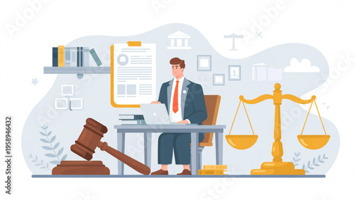 Businessman working at desk with law symbols and documents in office