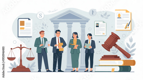 Lawyers and judges standing in front of a courthouse with legal documents and justice symbols