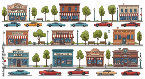 Vector illustration of a quiet neighborhood street scene with vintage small town buildings, cars, and trees on a suburban main street in a cozy downtown USA setting.