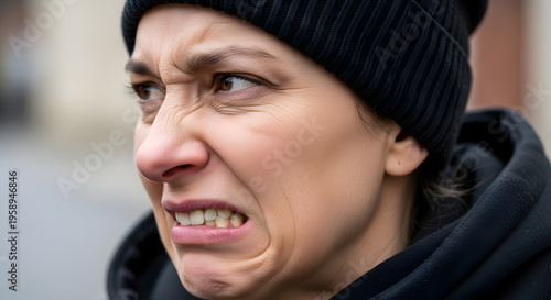 Angry woman wearing black beanie.