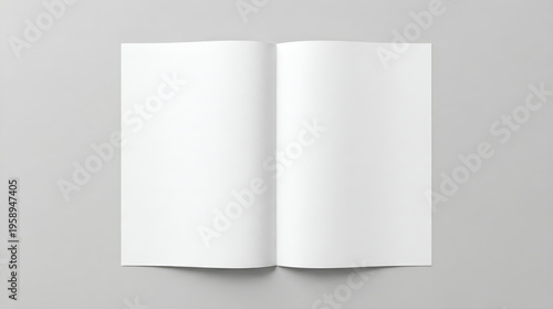 Top view of an open blank white booklet, brochure, or magazine mock-up template on a neutral grey background, ready for custom design and presentation