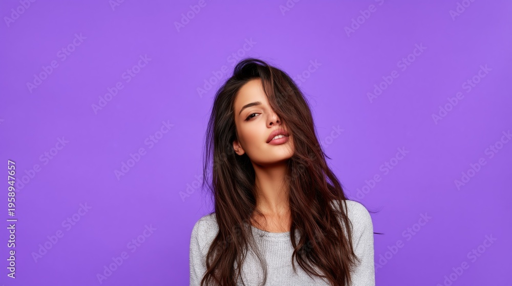Fototapeta premium For beauty and self-care campaigns A young woman with long brown hair poses confidently against a vibrant purple background cosmetics fashion haircare and lifestyle advertising The studio shot.