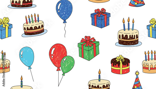 An illustration showing various birthday party elements like cakes with candles balloons gift boxes and festive hats on a white background as a hand-drawn vector illustration doodle art
