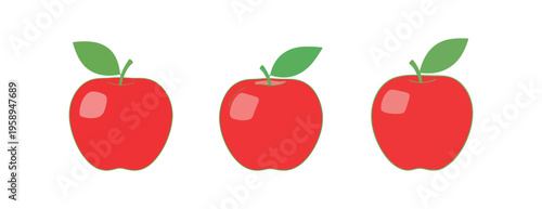 Three Red Apples with Green Leaves.