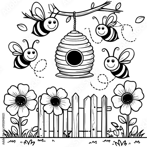 Happy bees flying around hive and flowers