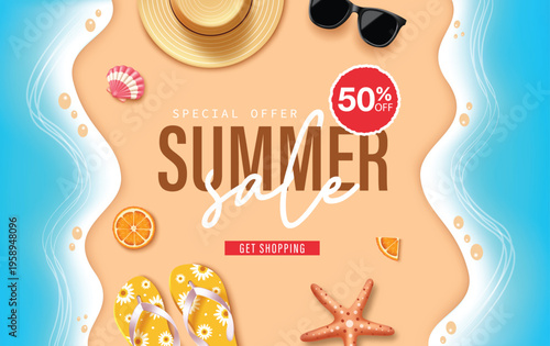 Summer Sale Poster Background With Beach Elements Flip Flops Sunglasses Starfish And Tropical Fruits