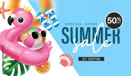 Summer Sale Vector Background with Pink Flamingo Float Beach Ball Sunglasses and Tropical Leaves