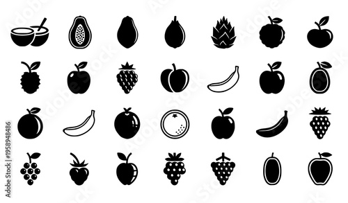 Black Fruit Icon Set Featuring Apple, Banana, Grapes, Avocado, Pineapple, and Various Fresh Fruits for Healthy Eating, Organic Food Design, and Market Use
