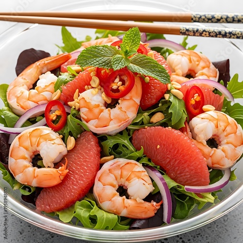 A vibrant grapefruit and shrimp salad is presented in a clear bowl, garnished with fresh mint, chili slices, and crushed peanuts, ready to be enjoyed with chopsticks