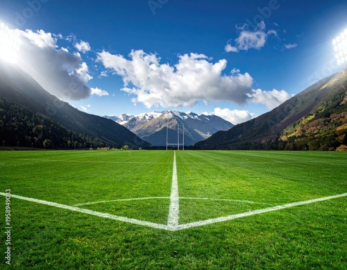Green field stadium framed by mountains under a vibrant blue sky