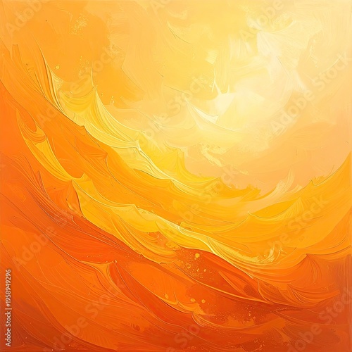 Abstract painting of flowing, textured layers in warm yellow and orange hues