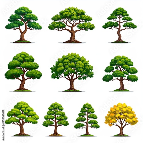 Nine stylized trees with varying leaf shapes and colors