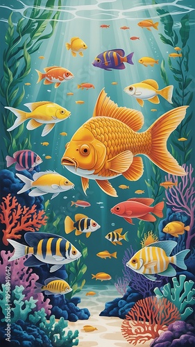 Lively underwater scene with a large golden fish amidst a variety of colorful fish and coral