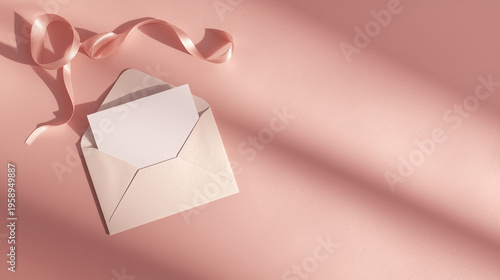 Elegant Blush Pink Flat Lay with Open Envelope Blank Card and Silk Ribbon on Soft Pastel Background with Window Shadows