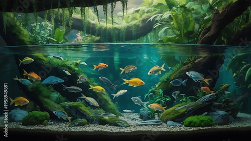 Lush underwater aquarium teeming with diverse colorful fish and aquatic plants