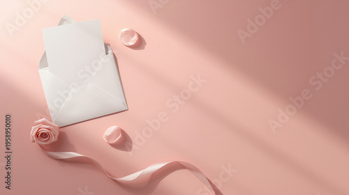 Elegant Wedding Stationary Flat Lay with White Envelope Blank Card Rose Flower and Silk Ribbon on Soft Pink Background