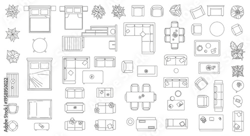 Furniture, Top, View, Outline, Set – Interior Design Plan Line Art Elements for House and Apartment Layout Vector
