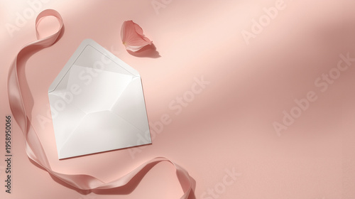 Minimalist Blush Pink Stationary Flat Lay with Open White Envelope Blank Card and Single Rose Petal in Soft Lighting