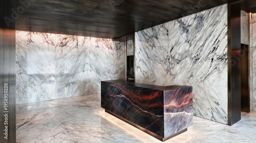 Luxury design and high-end real estate A modern marble lobby interior with a reception desk upscale hotels or corporate office spaces elegant finishes and lighting A sophisticated and contemporary.