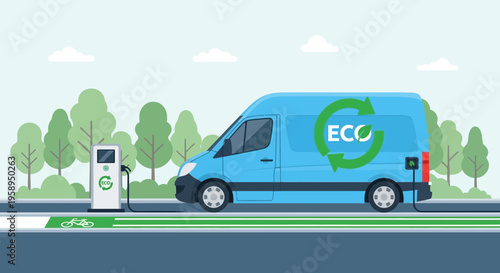 Blue electric van charging at eco-friendly station with green trees background
