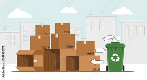 Cardboard boxes being recycled in a green bin in front of city buildings