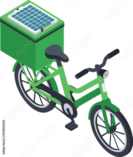 Isometric Green Eco Delivery Bicycle with Cargo Box and Solar Charger Vector