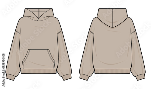 Oversized Beige Hoodie Technical Fashion Illustration. Pullover Sweatshirt with Kangaroo Pocket Vector Template. Front and Back View. Neutral Streetwear CAD Mockup