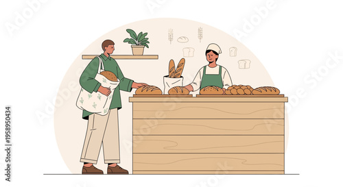 Customer buying fresh bread at a bakery counter with a baker serving