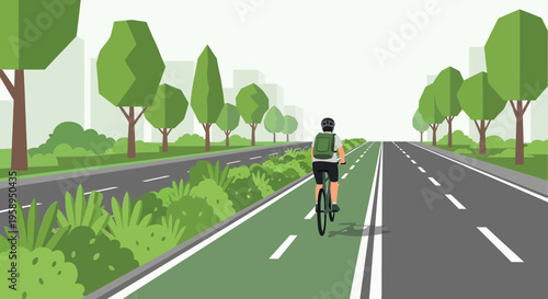 Cyclist on dedicated bike lane in urban greenway with trees and city skyline