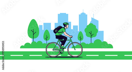 Cyclist riding bicycle in city park with cityscape background, healthy lifestyle, urban transport