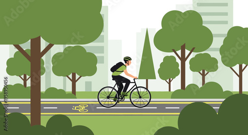 Cyclist riding a bike on a city street with trees and buildings, urban commute