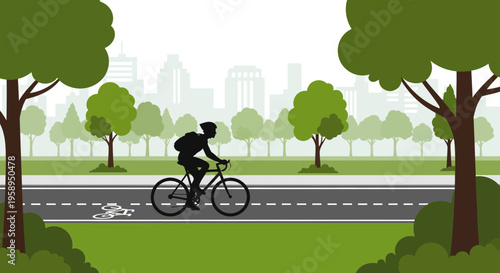 Cyclist riding on a dedicated bike lane in a city park with skyscrapers in the background