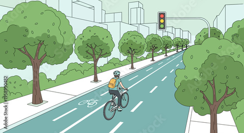 Cyclist riding on dedicated bike lane in a green city street with trees and traffic light