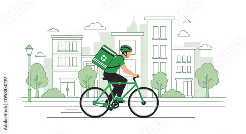 Delivery cyclist with green backpack on city street, urban delivery service concept