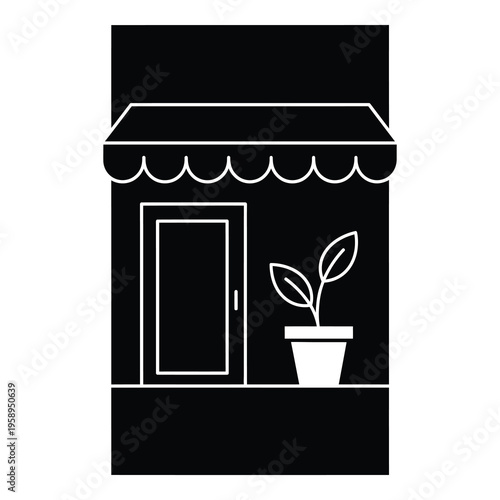 Storefront with awning and potted plant on shelf outside door icon