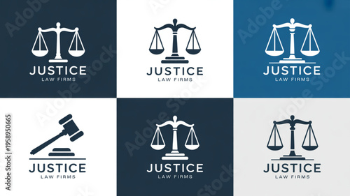 Justice law firm logo set with scales and gavel icons on various backgrounds