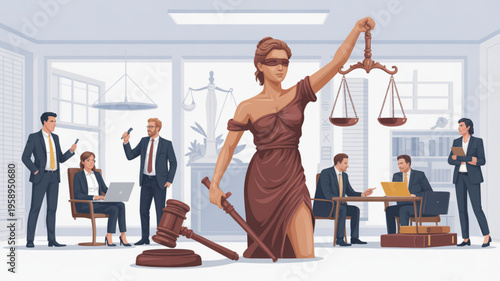 Justice symbol with lawyer businesspeople discussing in modern office setting with law books and scales