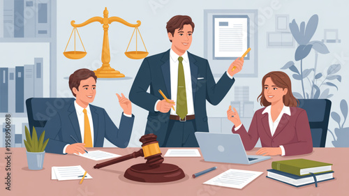 Lawyers and judge discussing case in courtroom setting with gavel and scales of justice