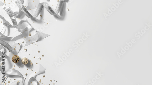 Elegant Abstract Celebration Background with Textured Silver Ribbons and Golden Ornaments on Minimalist White Surface