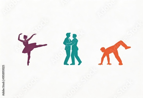 Artistic expressions of movement showcasing a graceful ballet dancer a loving couple in an embrace and a man in a playful handstand reflecting diverse physicality and human connection