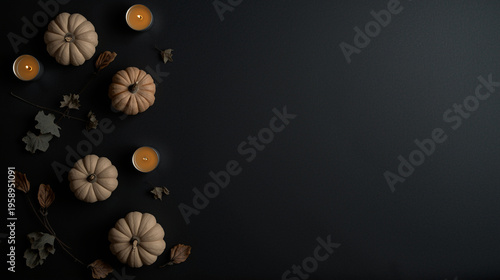 Sophisticated Halloween Flat Lay with Black Pumpkins Golden Leaves and Elegant Ornaments on Dark Matte Background