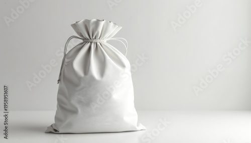 Plain white drawstring bag, empty textile sack with cinch cord. Useful for storage, packaging or travel. Simple studio background for mockups.