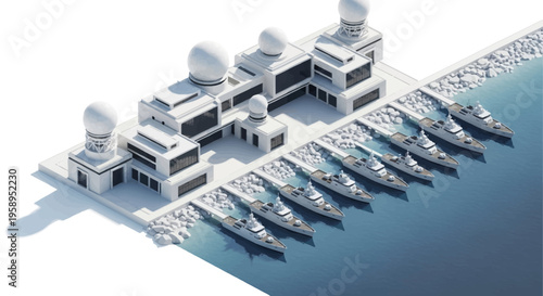 Isometric illustration of a modern military base with warships docked at a harbor, featuring a strategic naval headquarters with satellite dishes and missile towers