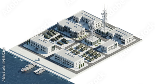 Isometric 3D illustration of a military base with buildings, towers, and ships in a harbor, showcasing a strategic naval or army headquarters with a technological infrastructure