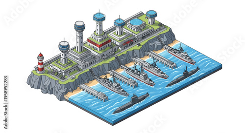 Isometric illustration of a military base with various towers and ships docked in the harbor against a clean white background